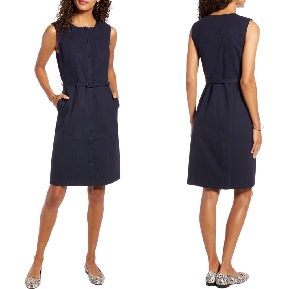 1901 Belted Sleeveless Twill Dress in Navy Night Button Front Size 6 New